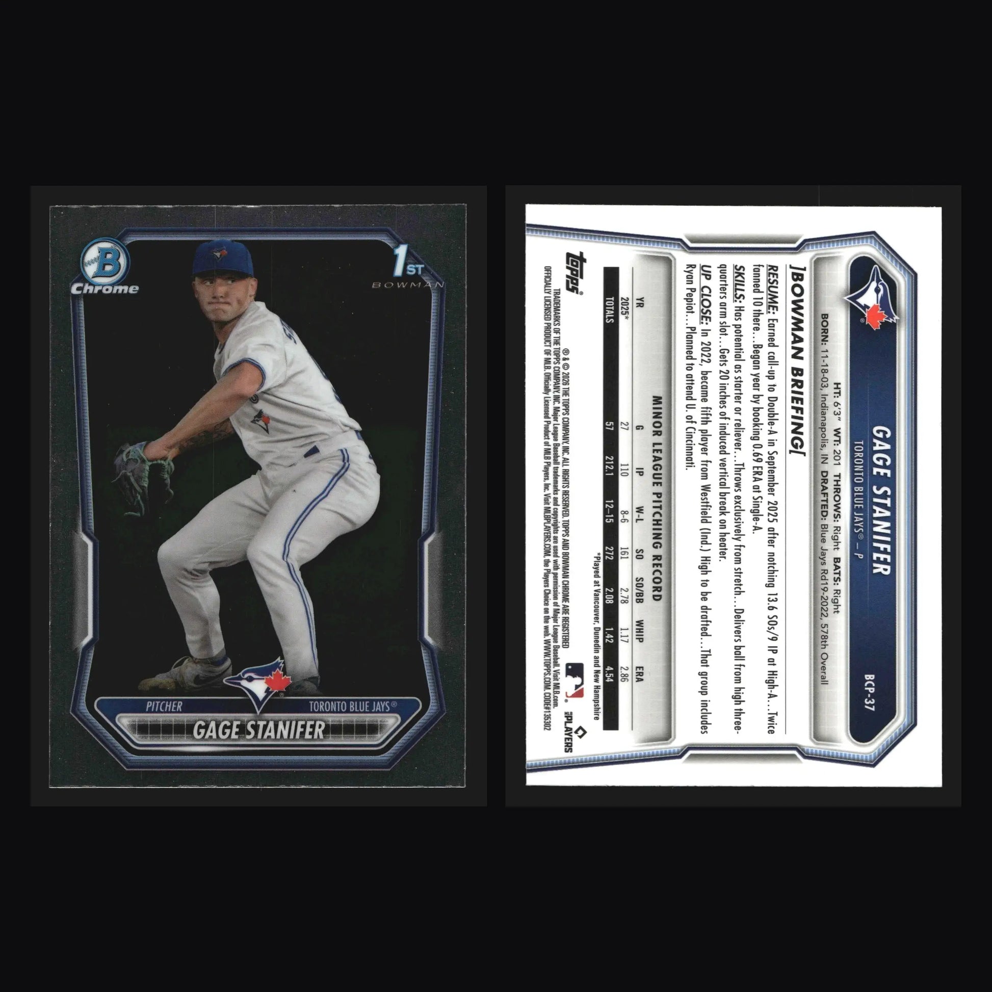 2026 Bowman Chrome Prospects #BCP-37 Gage Stanifer 1st Bowman Blue Jays