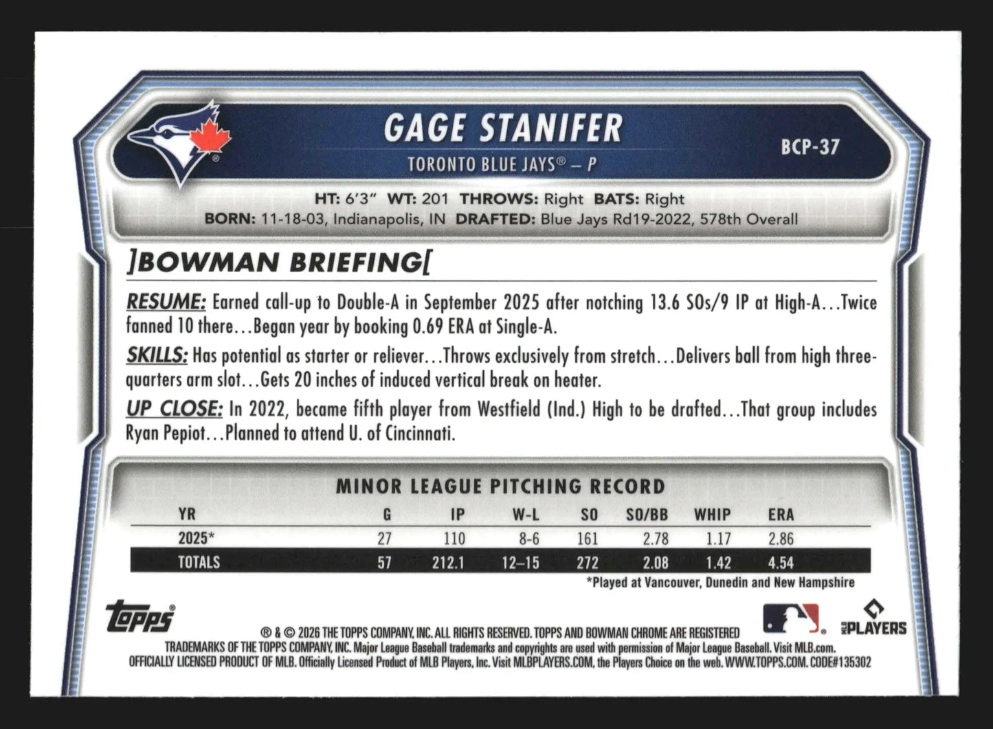 2026 Bowman Chrome Prospects #BCP-37 Gage Stanifer 1st Bowman Blue Jays