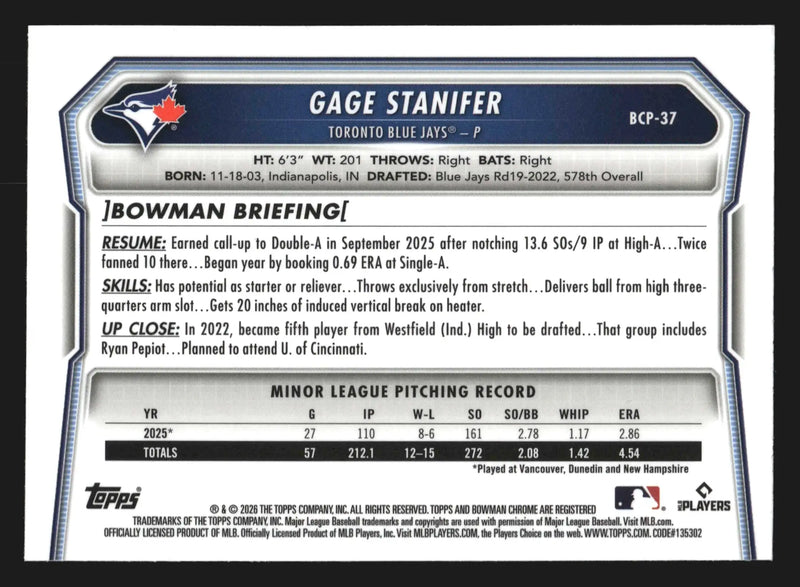 2026 Bowman Chrome Prospects #BCP-37 Gage Stanifer 1st Bowman Blue Jays