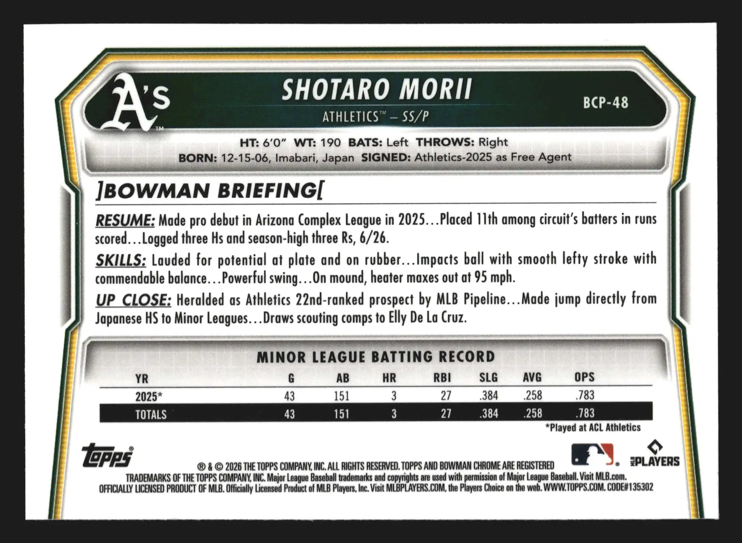 2026 Bowman Chrome Prospects #BCP-48 Shotaro Morii Athletics - Baseball Card Single