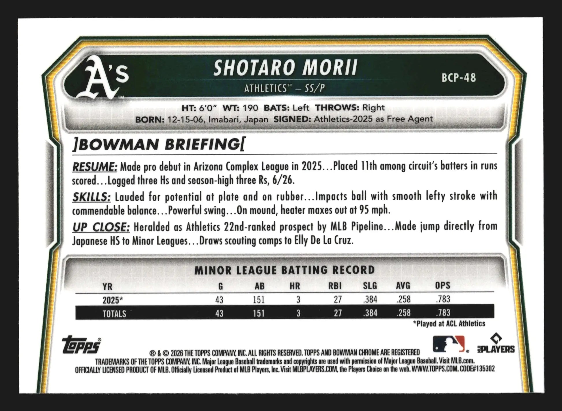 2026 Bowman Chrome Prospects #BCP-48 Shotaro Morii Athletics - Baseball Card Single