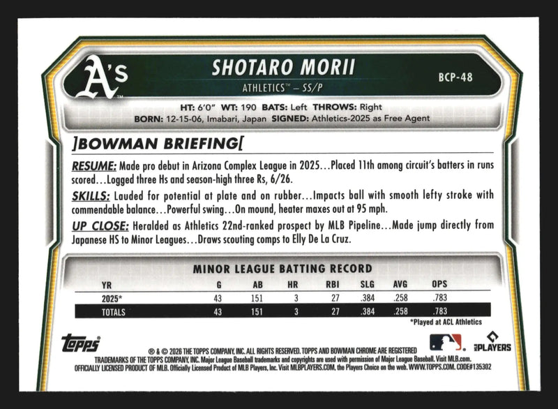 2026 Bowman Chrome Prospects #BCP-48 Shotaro Morii Athletics - Baseball Card Single