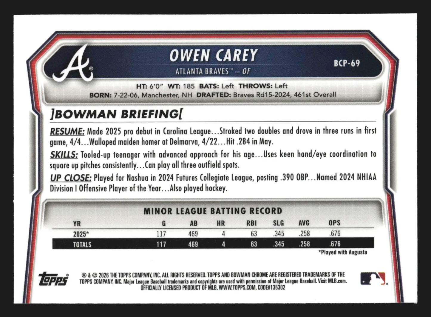 2026 Bowman Chrome Prospects #BCP-69 Owen Carey Braves 1st Bowman