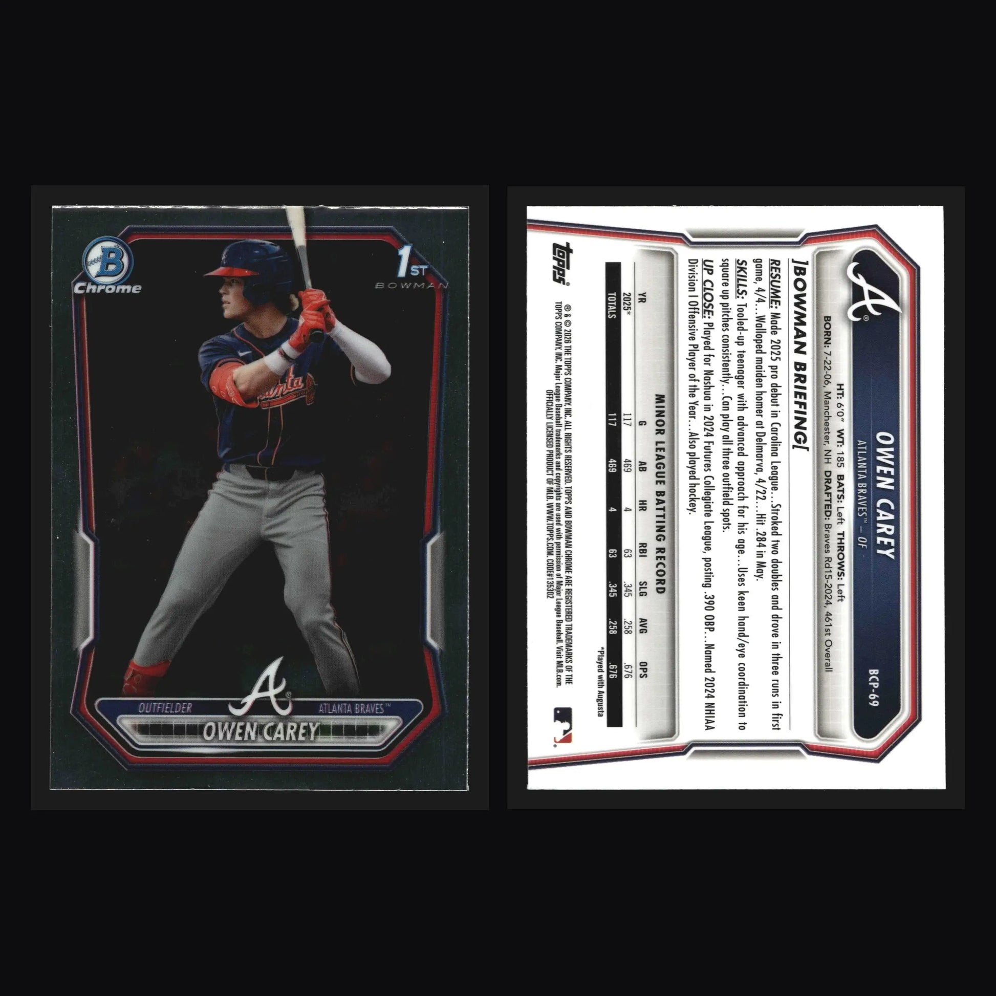 2026 Bowman Chrome Prospects #BCP-69 Owen Carey Braves 1st Bowman