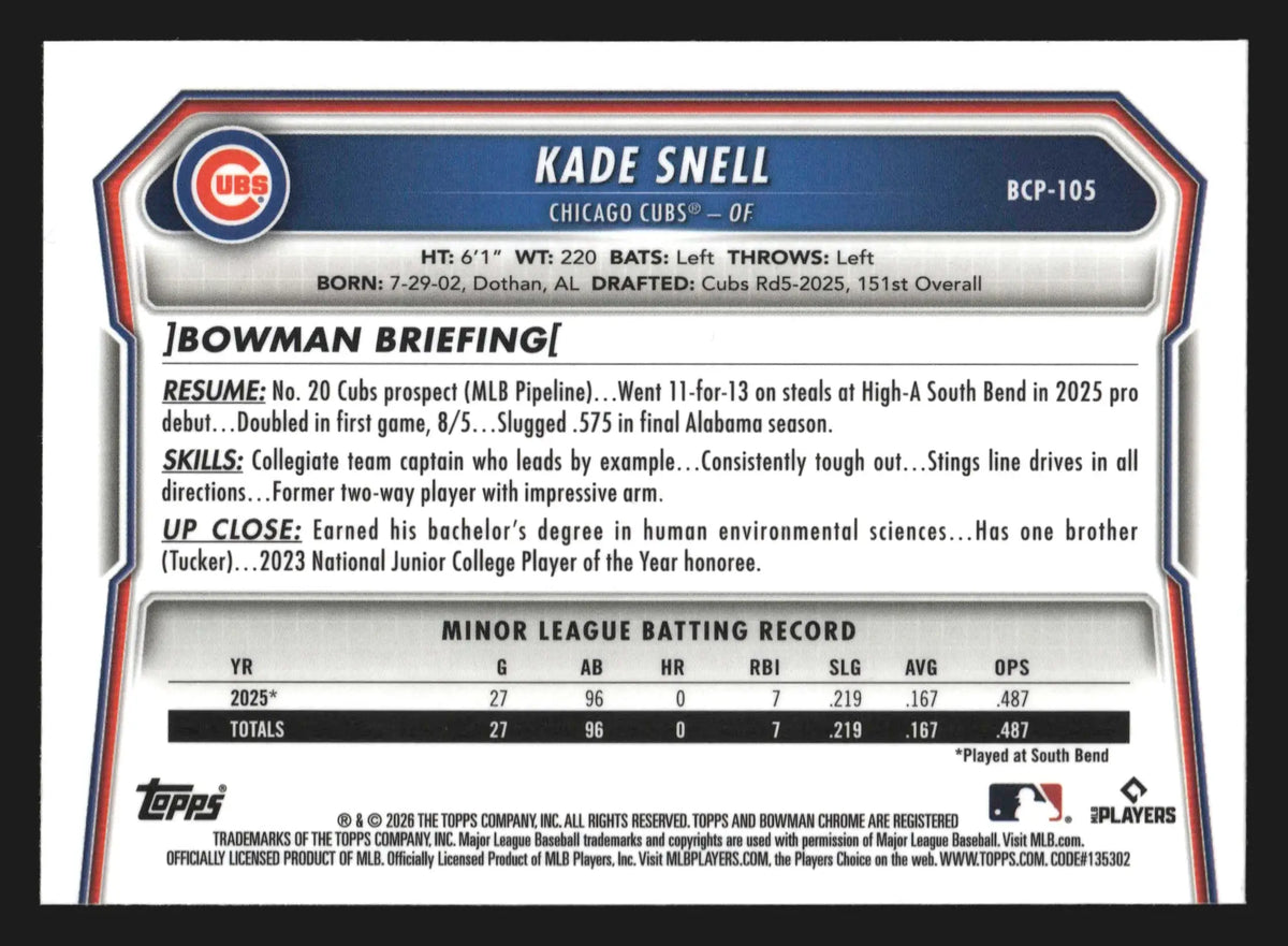 2026 Bowman Chrome Prospects Kade Snell #BCP-105 1st Bowman Cubs - Baseball Card Single