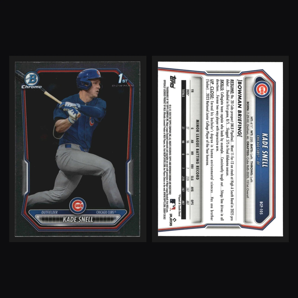 2026 Bowman Chrome Prospects Kade Snell #BCP-105 1st Bowman Cubs - Baseball Card Single
