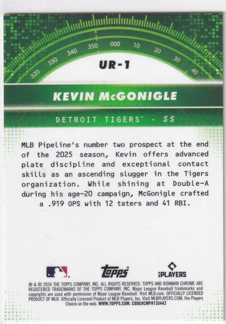 2026 BOWMAN CHROME #UR-1 KEVIN MCGONIGLE RADAR REFRACTOR- DETROIT TIGERS - Baseball Card Single