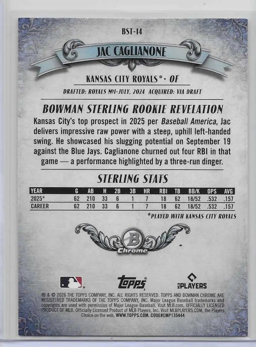 2026 Bowman Joe Cagianone Bowman Sterling RC Royals (1228) - Baseball Card Single