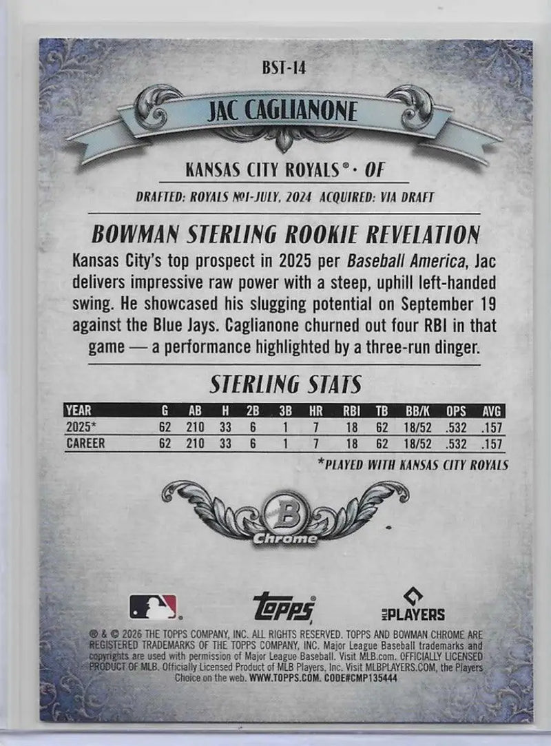 2026 Bowman Joe Cagianone Bowman Sterling RC Royals (1228) - Baseball Card Single