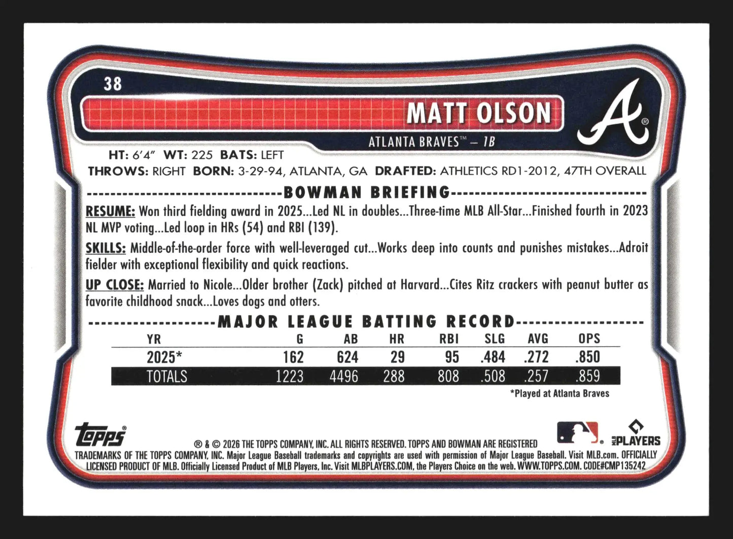 2026 Bowman Matt Olson #38 Atlanta Braves - Baseball Card Single