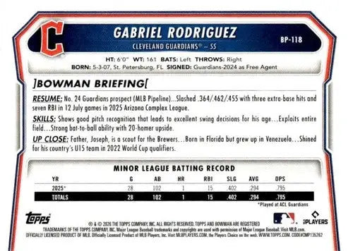 2026 Bowman Paper Prospects #BP-118 Gabriel Rodriguez NM Near Mint Guar ID:83922 - Baseball Card Single