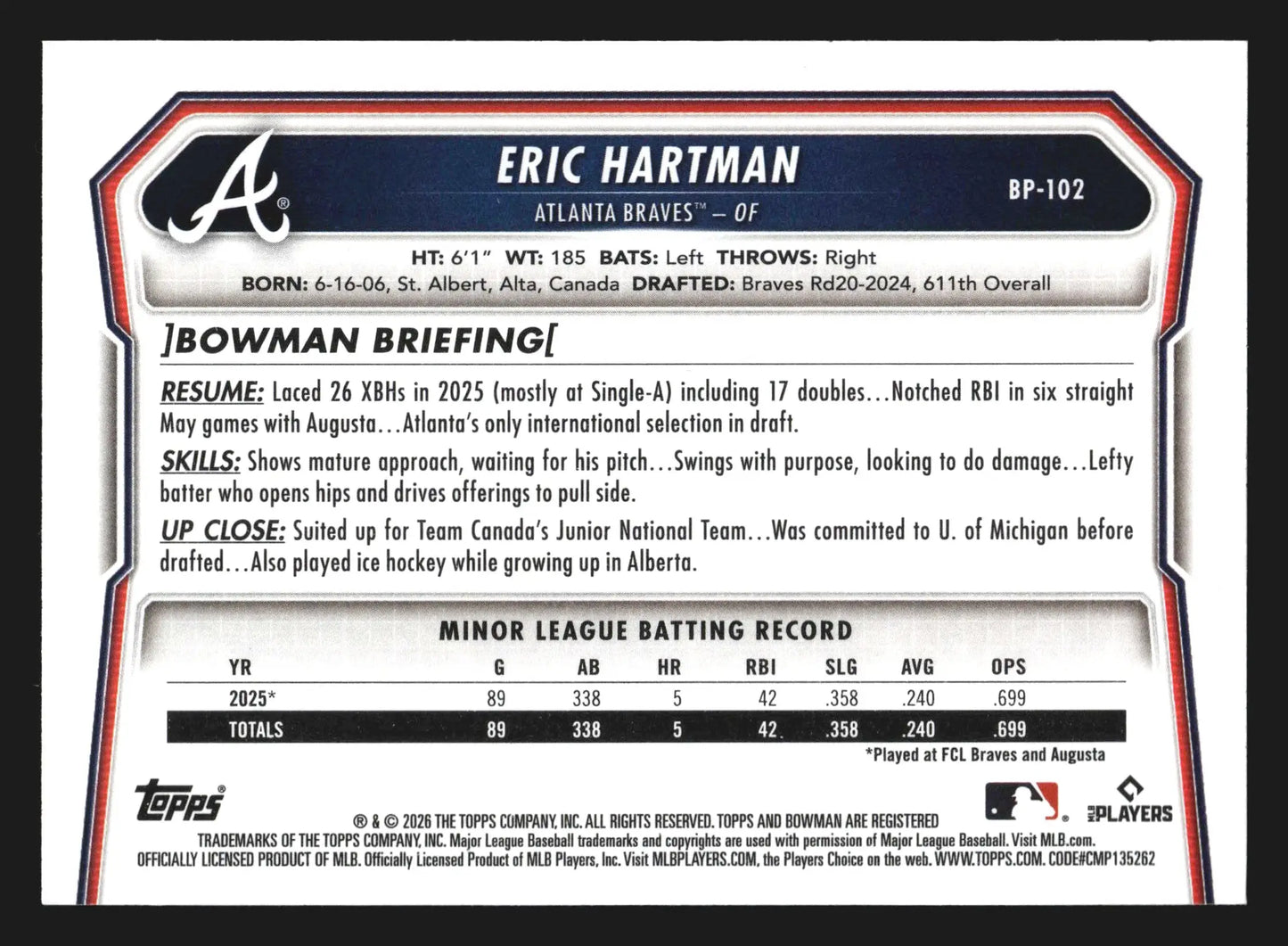 2026 Bowman Prospects #BP-102 Eric Hartman 1st Bowman Braves