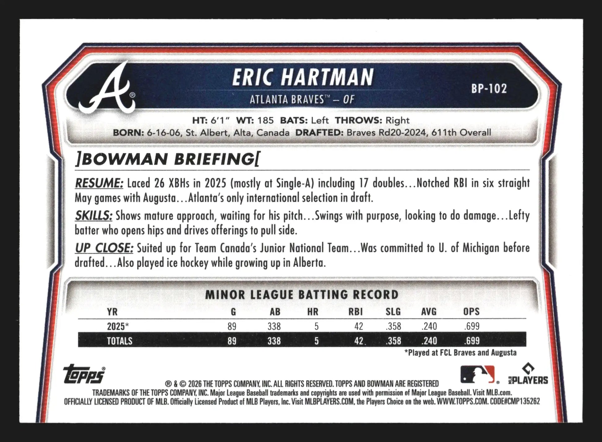 2026 Bowman Prospects #BP-102 Eric Hartman 1st Bowman Braves