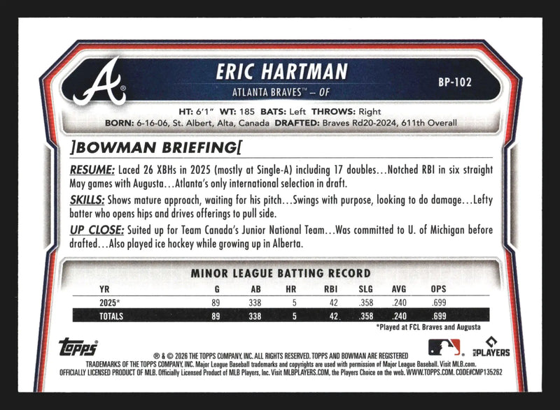 2026 Bowman Prospects #BP-102 Eric Hartman 1st Bowman Braves