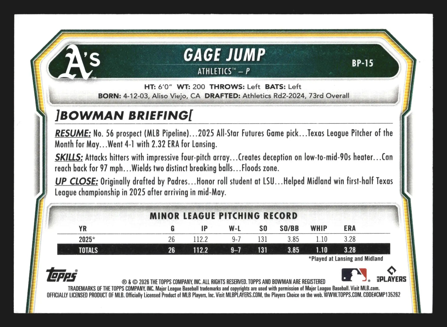 2026 Bowman Prospects #BP-15 Gage Jump Athletics 1st Bowman - Baseball Card Single