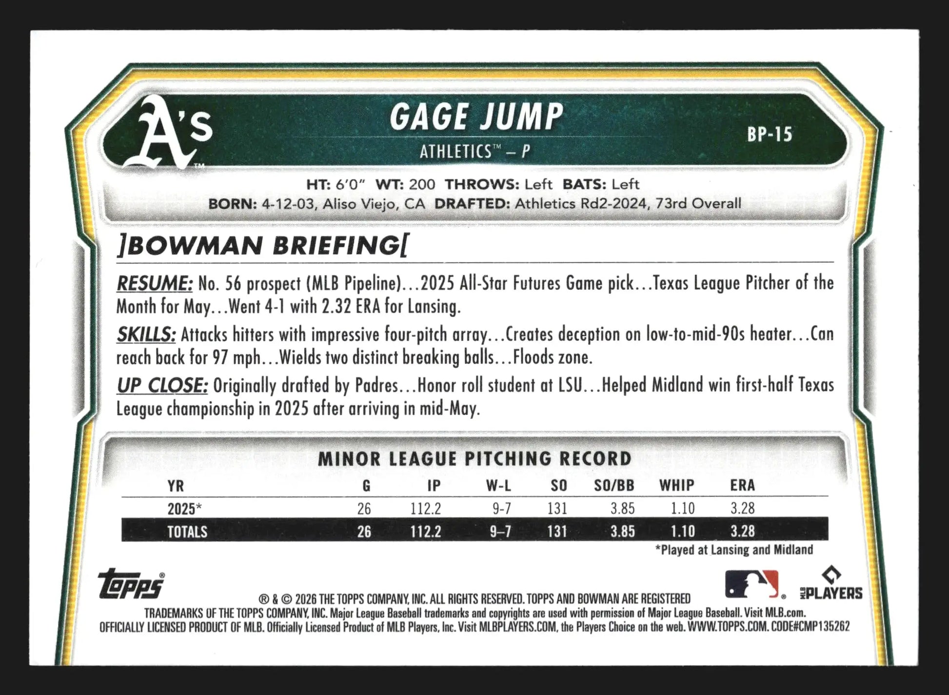 2026 Bowman Prospects #BP-15 Gage Jump Athletics 1st Bowman - Baseball Card Single