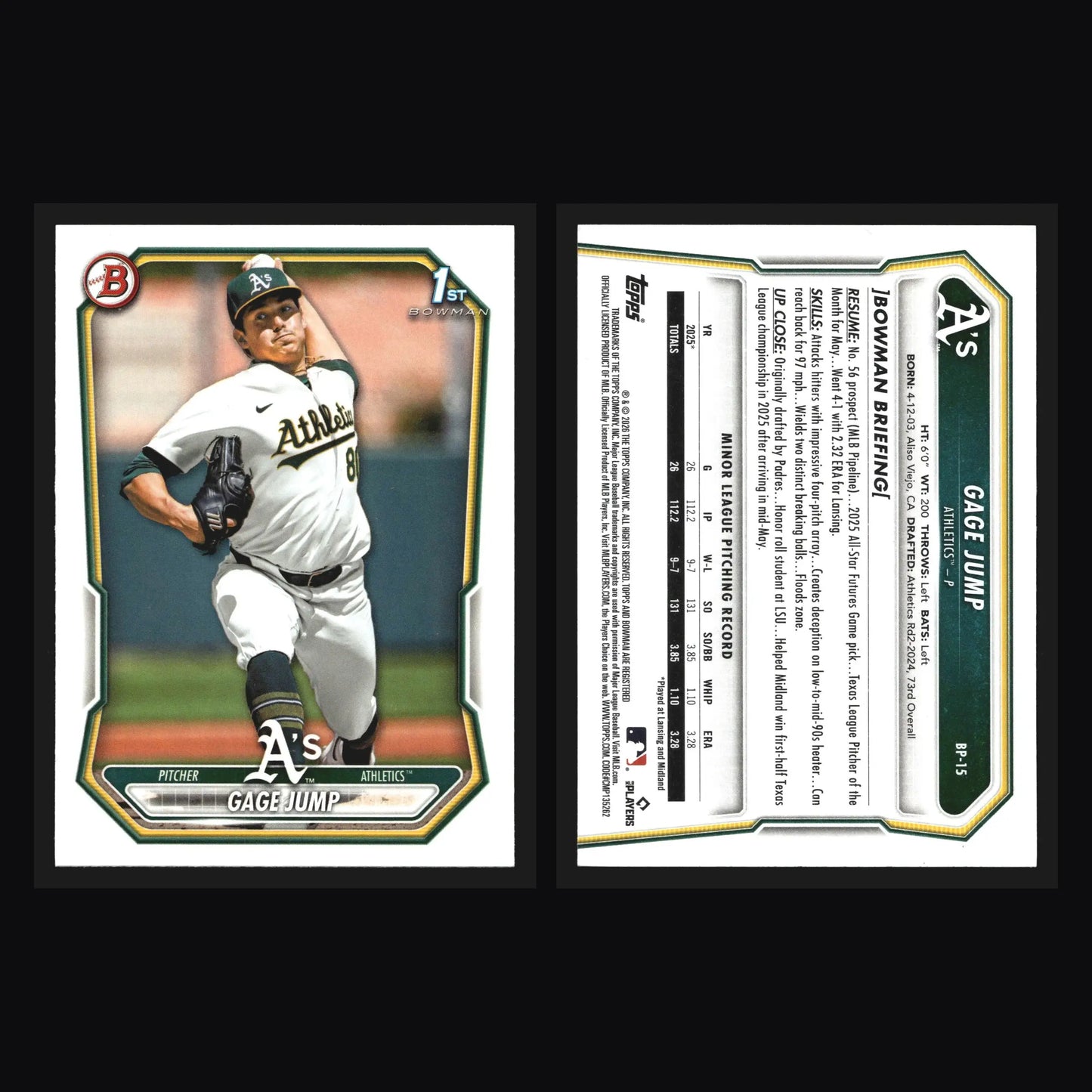 2026 Bowman Prospects #BP-15 Gage Jump Athletics 1st Bowman - Baseball Card Single