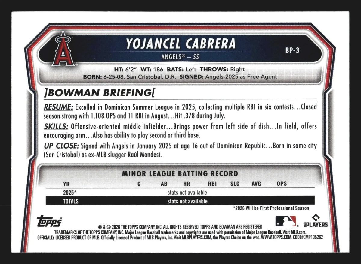 2026 Bowman Prospects #BP-3 Yojancel Cabrera Angels 1st - Baseball Card Single