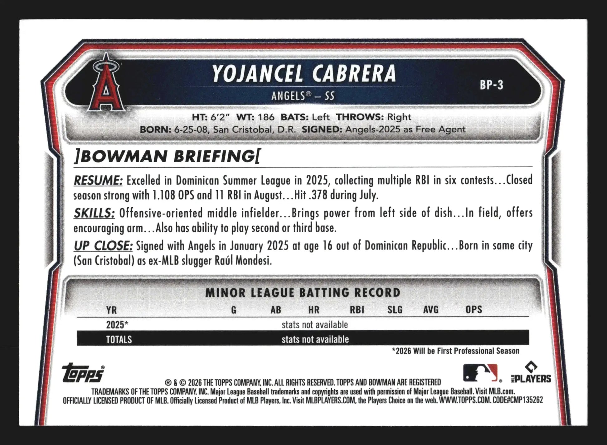 2026 Bowman Prospects #BP-3 Yojancel Cabrera Angels 1st - Baseball Card Single