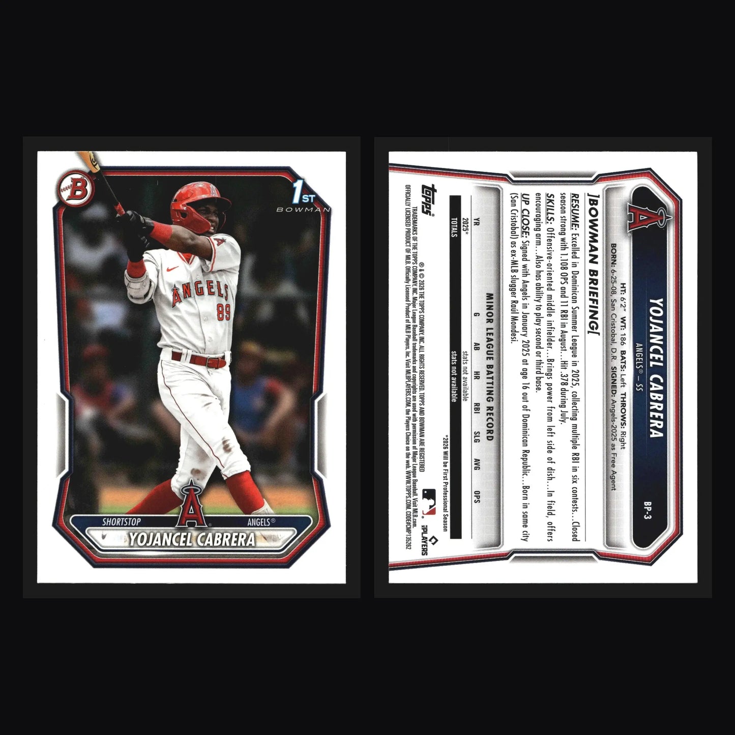 2026 Bowman Prospects #BP-3 Yojancel Cabrera Angels 1st - Baseball Card Single