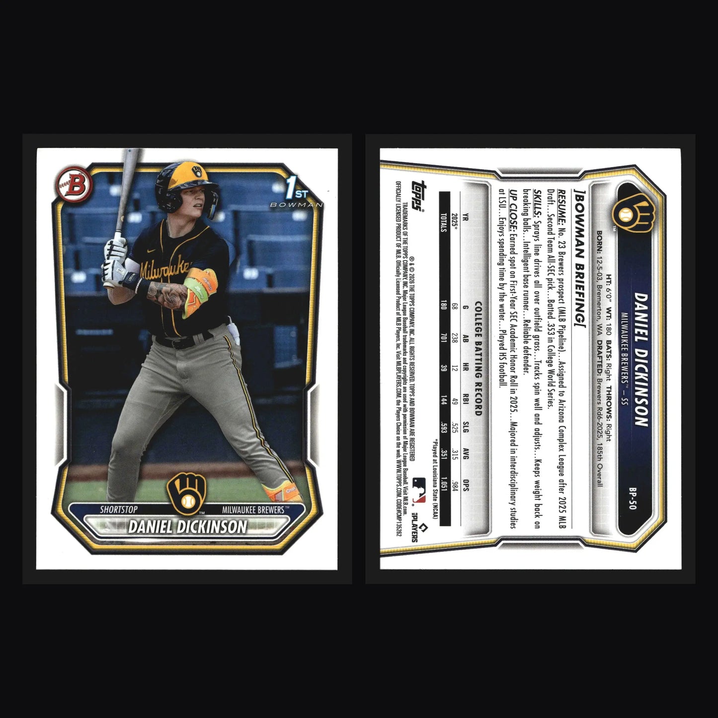 2026 Bowman Prospects Daniel Dickinson #BP-50 1st Bowman Brewers - Baseball Card Single