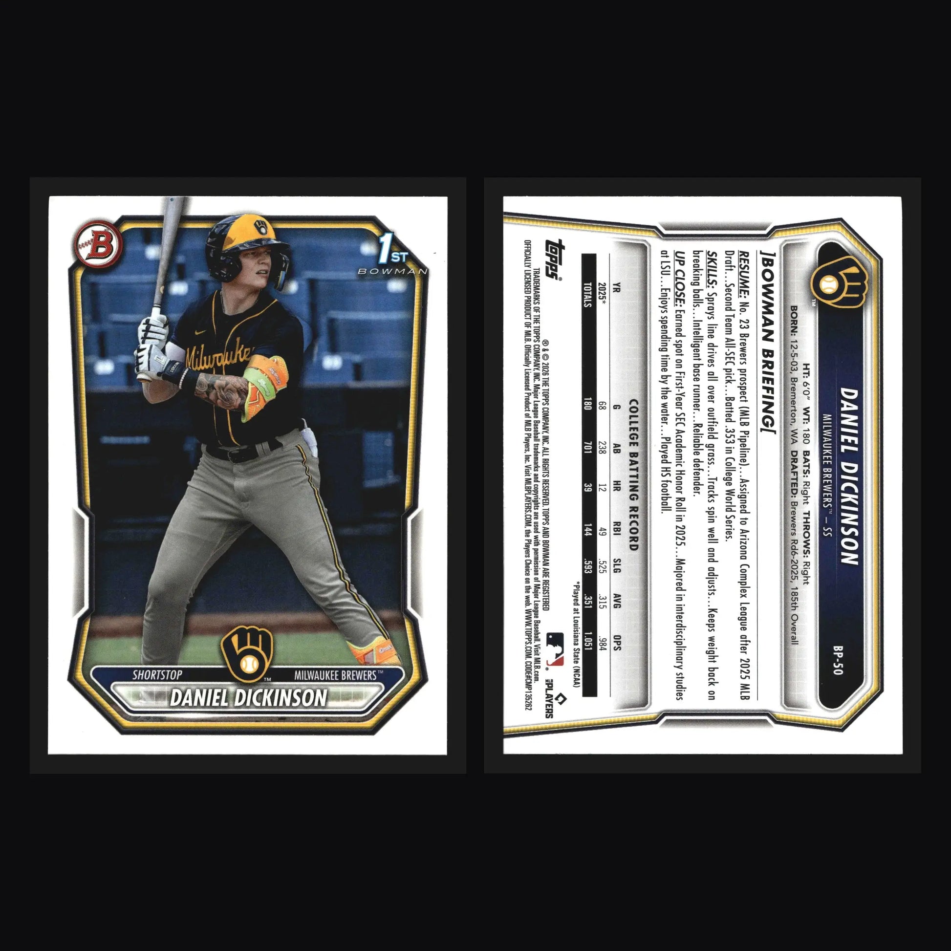 2026 Bowman Prospects Daniel Dickinson #BP-50 1st Bowman Brewers - Baseball Card Single
