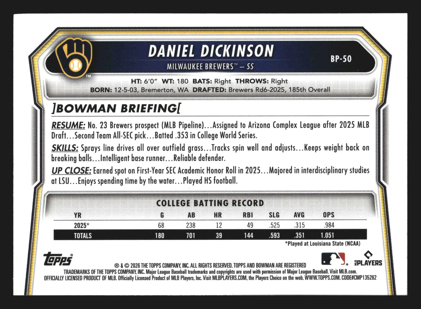 2026 Bowman Prospects Daniel Dickinson #BP-50 1st Bowman Brewers - Baseball Card Single