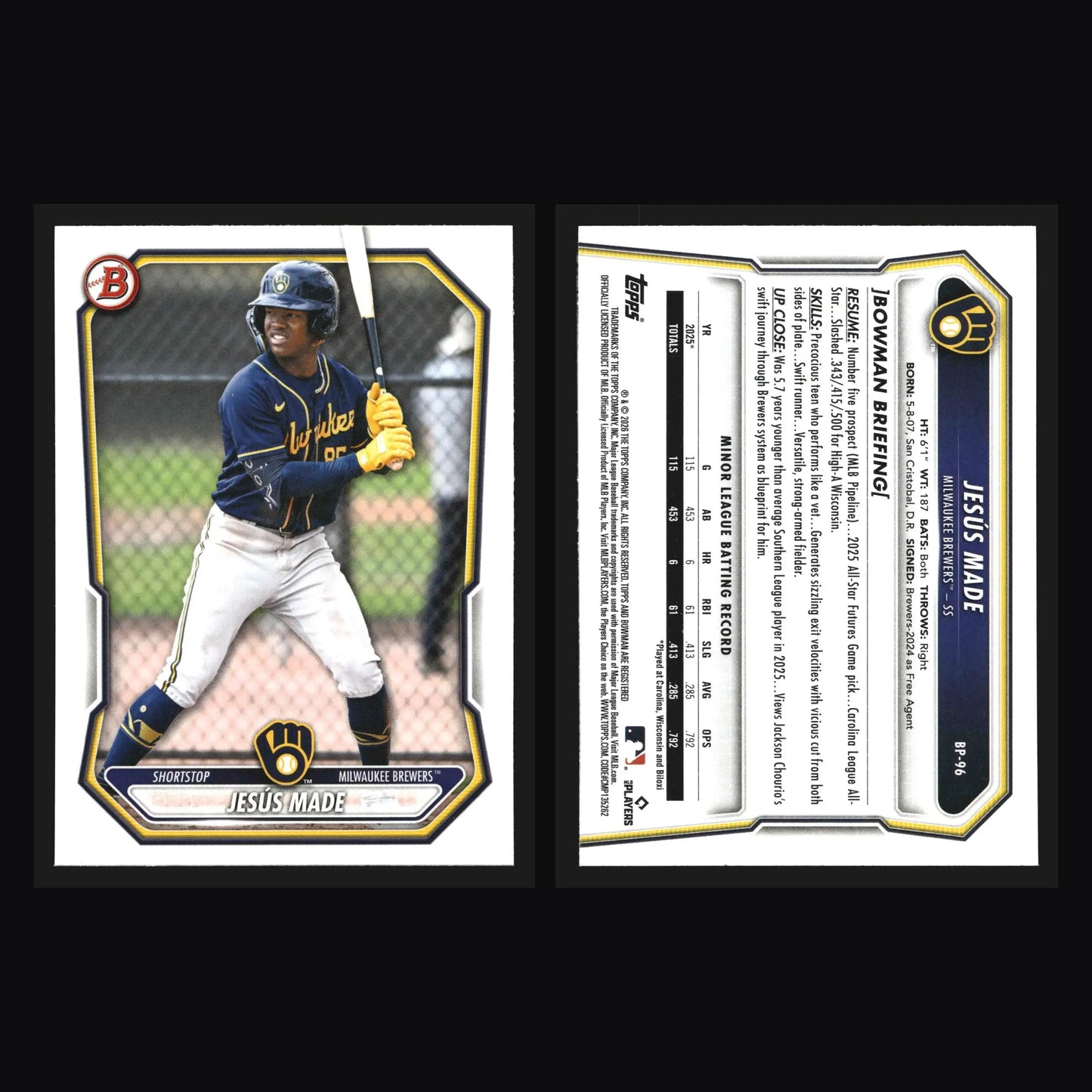 2026 Bowman Prospects Jesus Made #BP-96 Milwaukee Brewers - Baseball Card Single