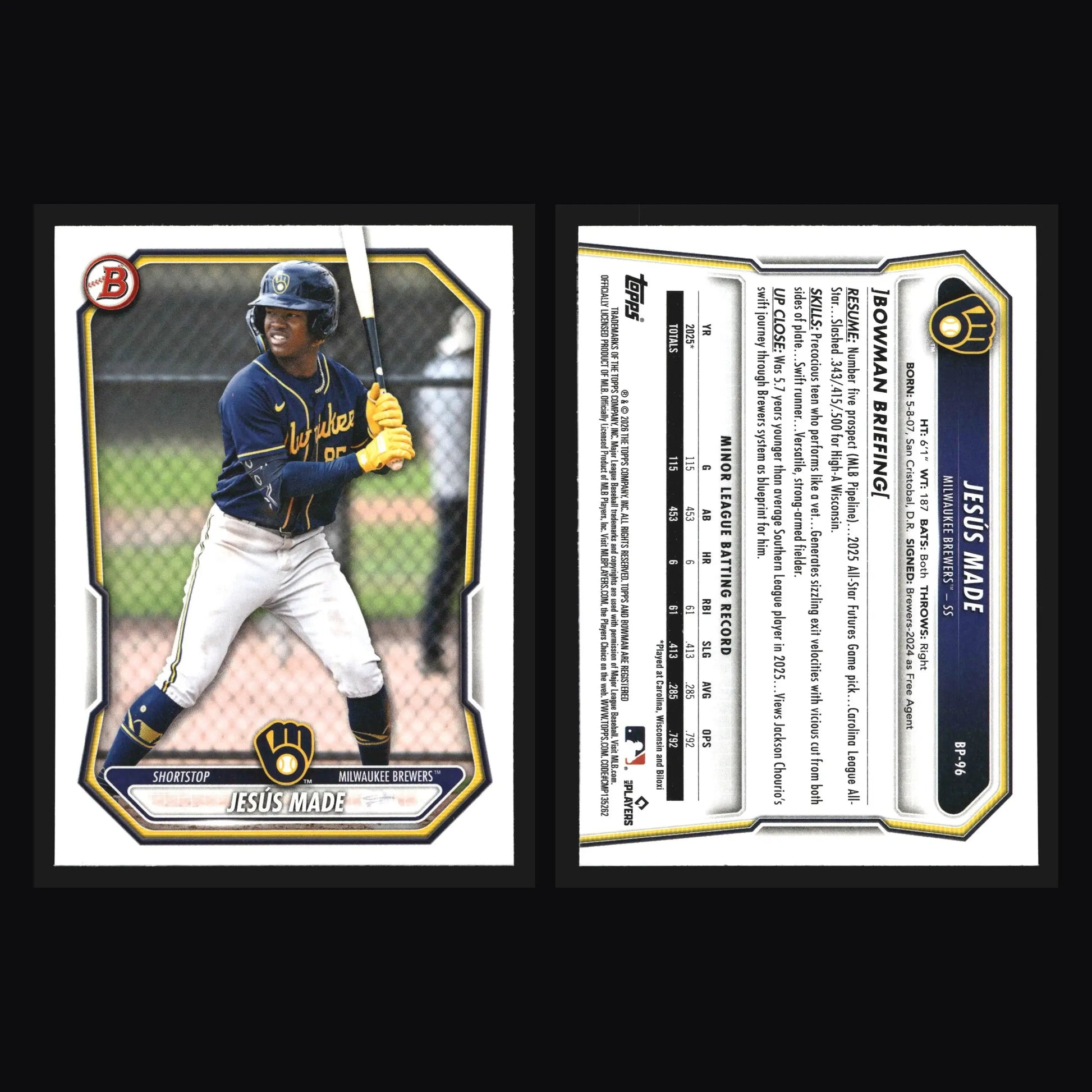 2026 Bowman Prospects Jesus Made #BP-96 Milwaukee Brewers - Baseball Card Single