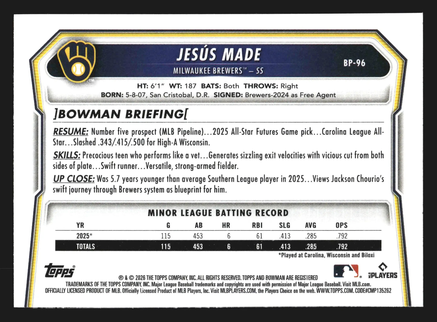 2026 Bowman Prospects Jesus Made #BP-96 Milwaukee Brewers - Baseball Card Single