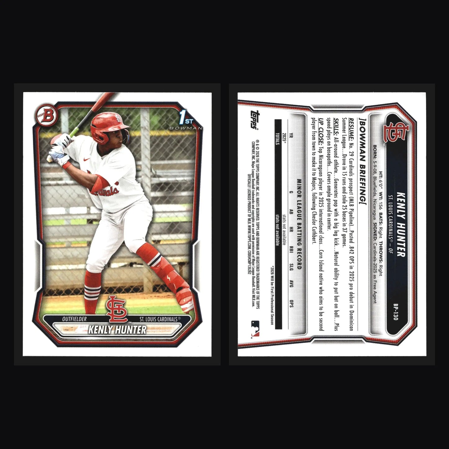 2026 Bowman Prospects Kenly Hunter #BP-130 1st Bowman St. Louis Cardinals - Baseball Card Single