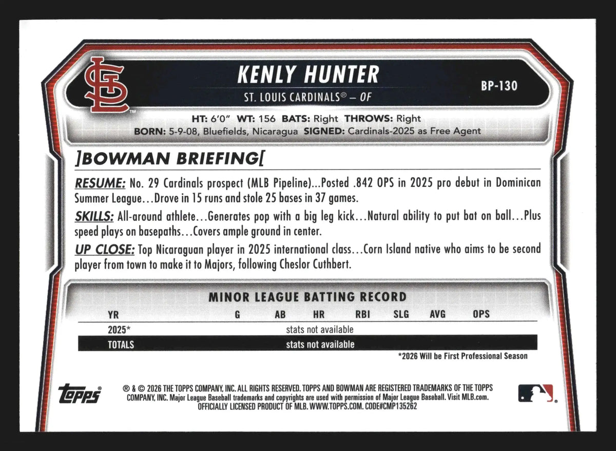 2026 Bowman Prospects Kenly Hunter #BP-130 1st Bowman St. Louis Cardinals - Baseball Card Single