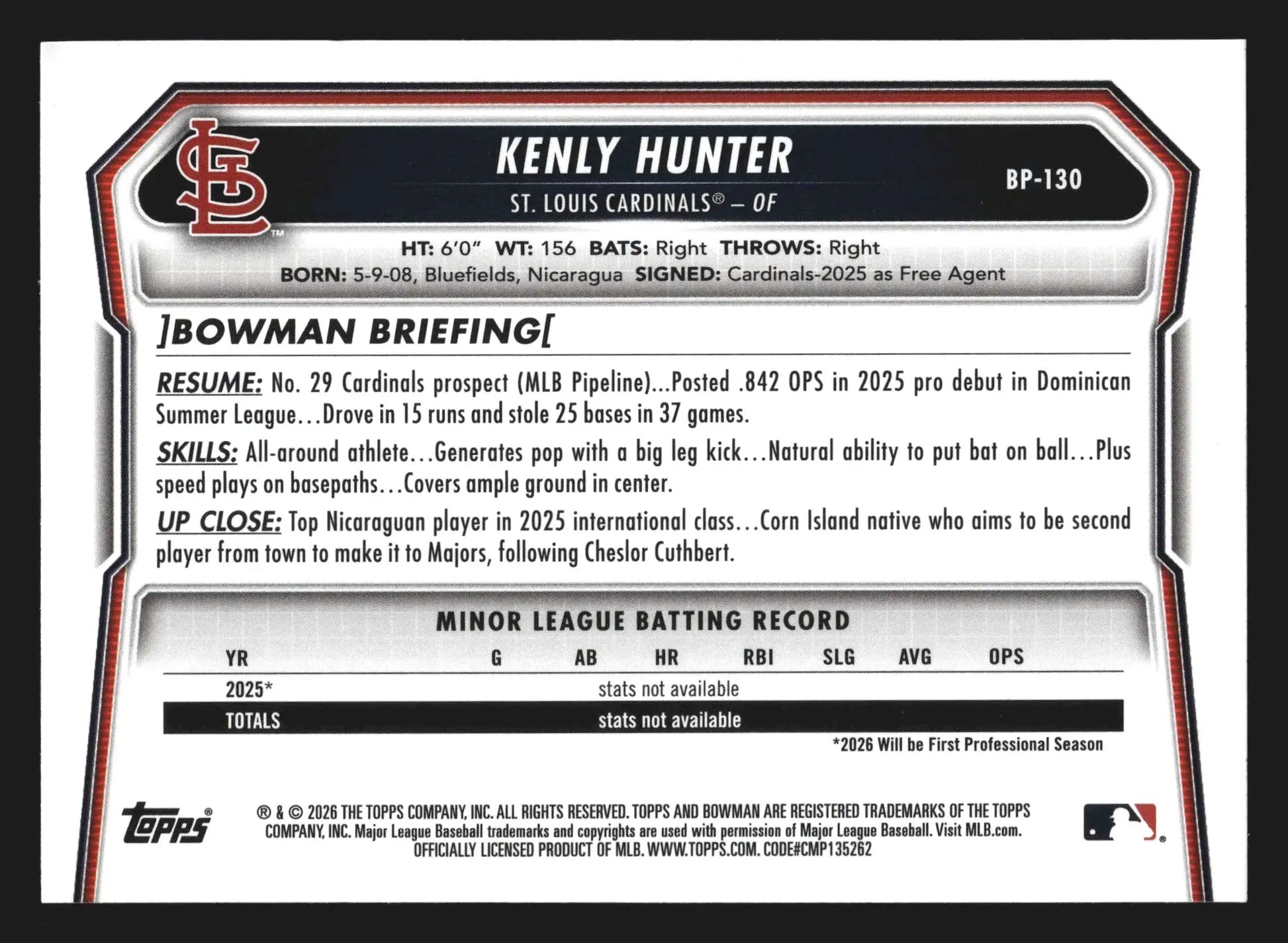 2026 Bowman Prospects Kenly Hunter #BP-130 1st Bowman St. Louis Cardinals - Baseball Card Single
