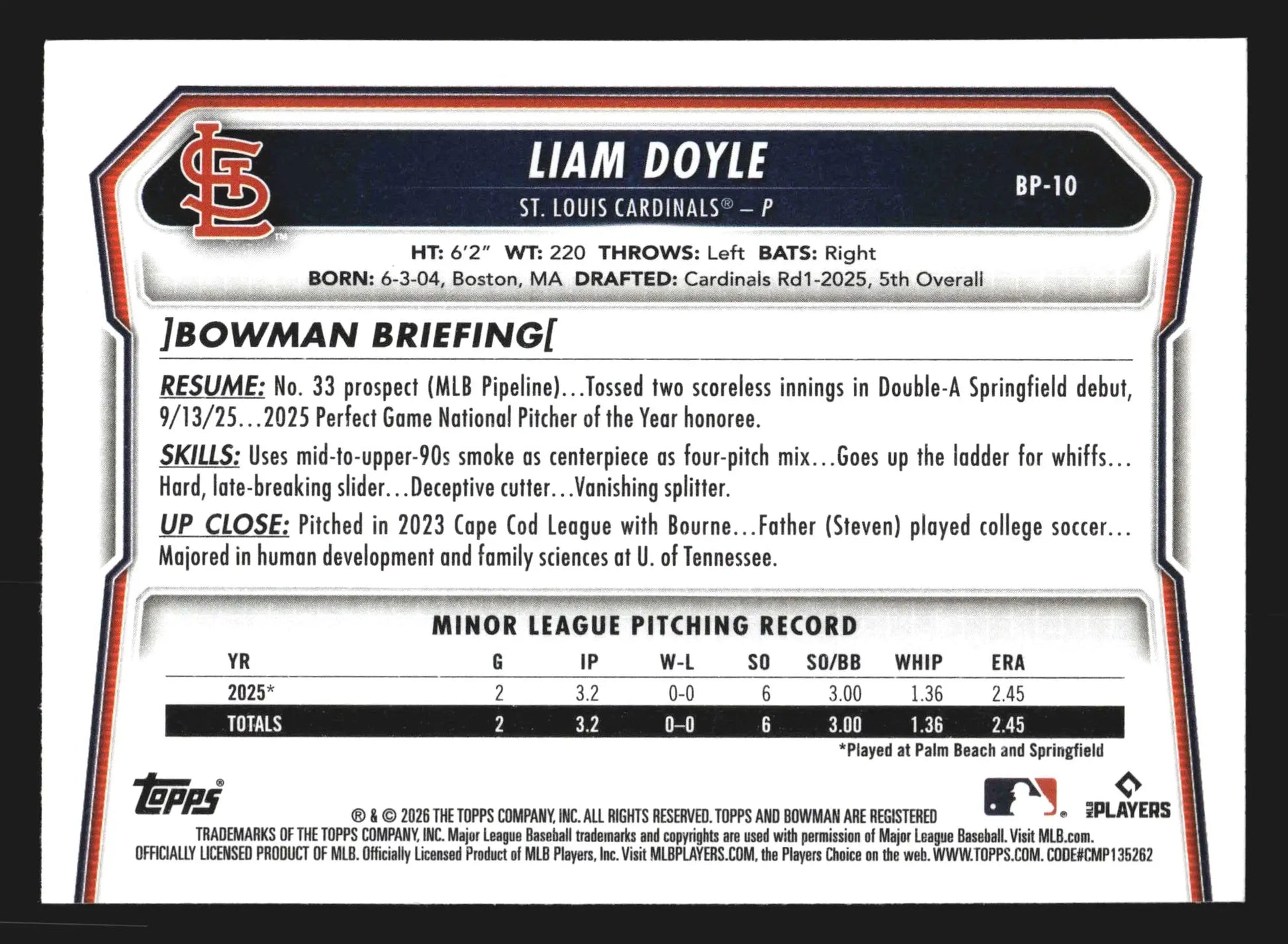 2026 Bowman Prospects Liam Doyle #BP-10 St. Louis Cardinals - Baseball Card Single