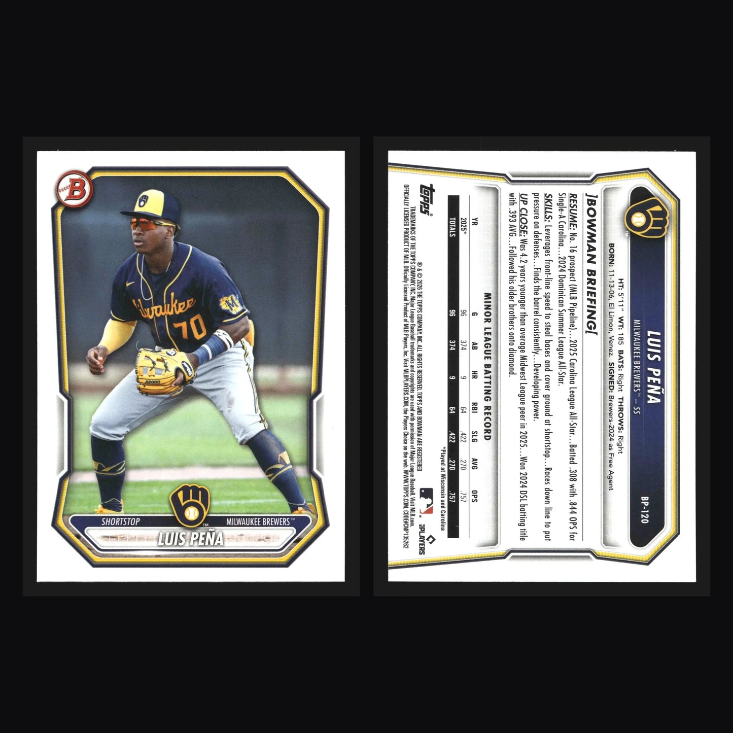 2026 Bowman Prospects Luis Pena #BP-120 Milwaukee Brewers - Baseball Card Single