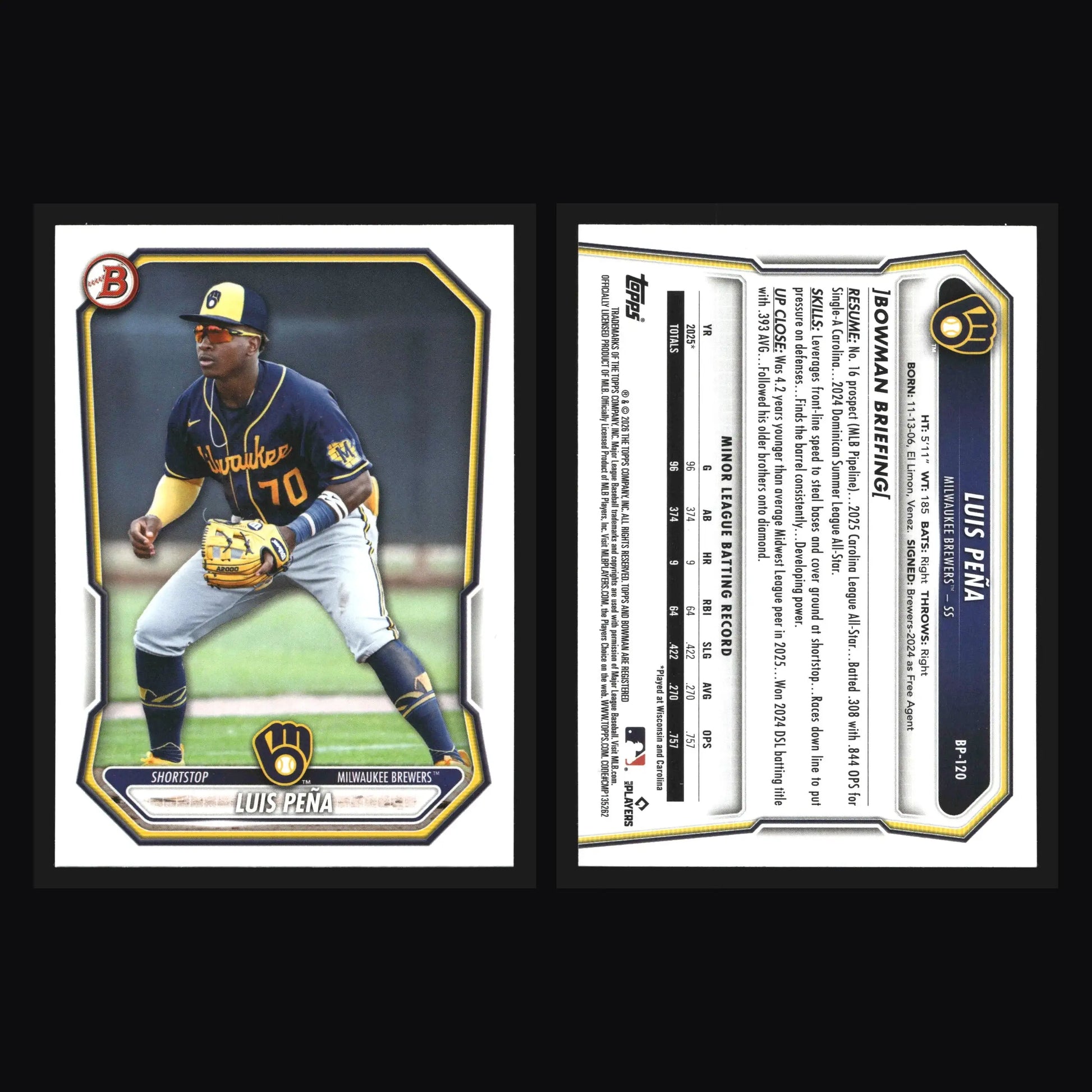 2026 Bowman Prospects Luis Pena #BP-120 Milwaukee Brewers - Baseball Card Single