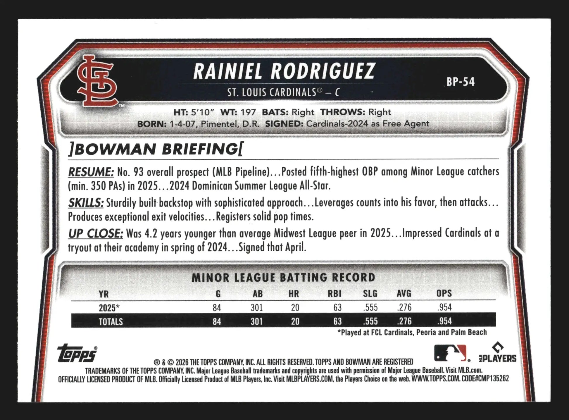 2026 Bowman Rainiel Rodriguez #BP-54 1st Bowman St. Louis Cardinals - Baseball Card Single