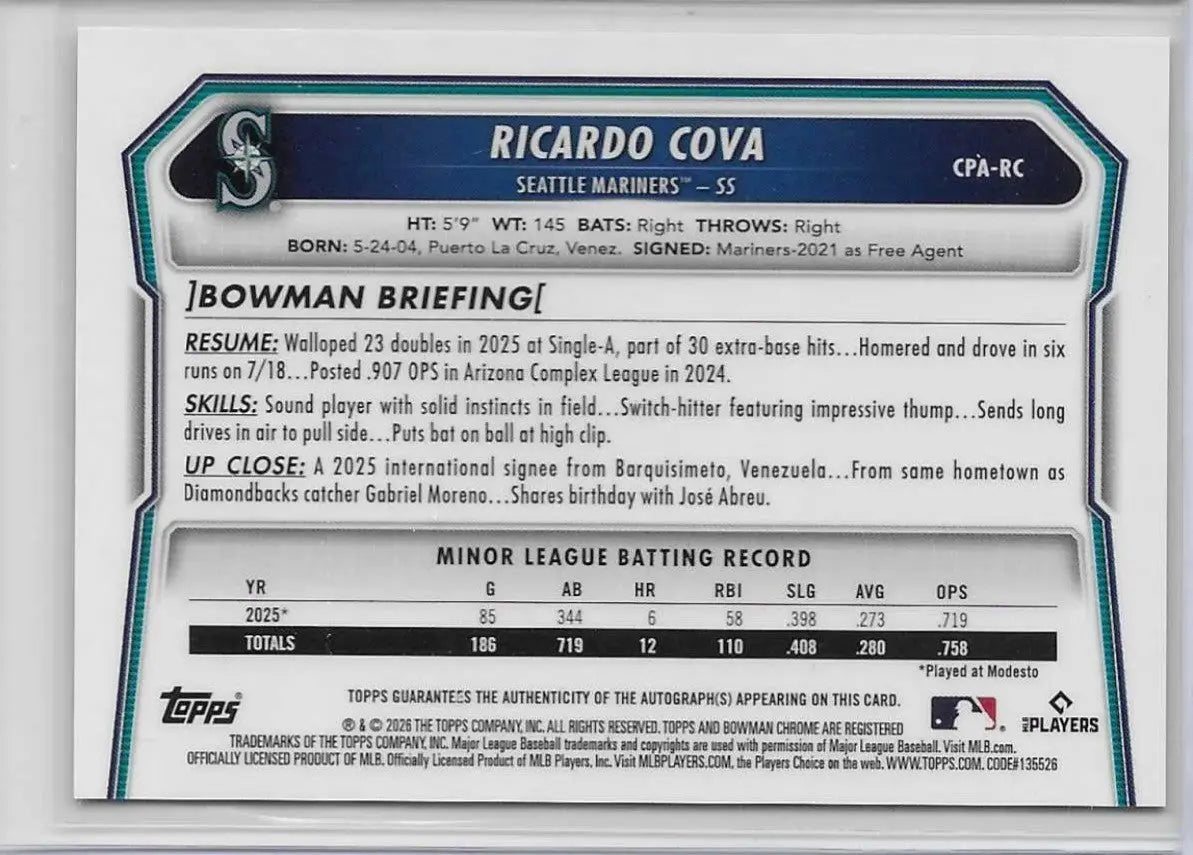 2026 Bowman Ricardo Cova Auto Mariners (1232) - Baseball Card Single