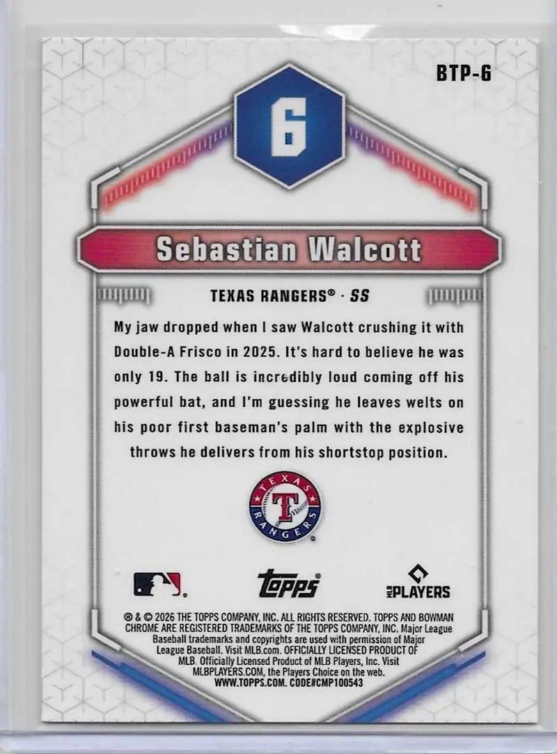 2026 Bowman Sebastian Walcott #6 Top 100 Rangers (1231) - Baseball Card Single