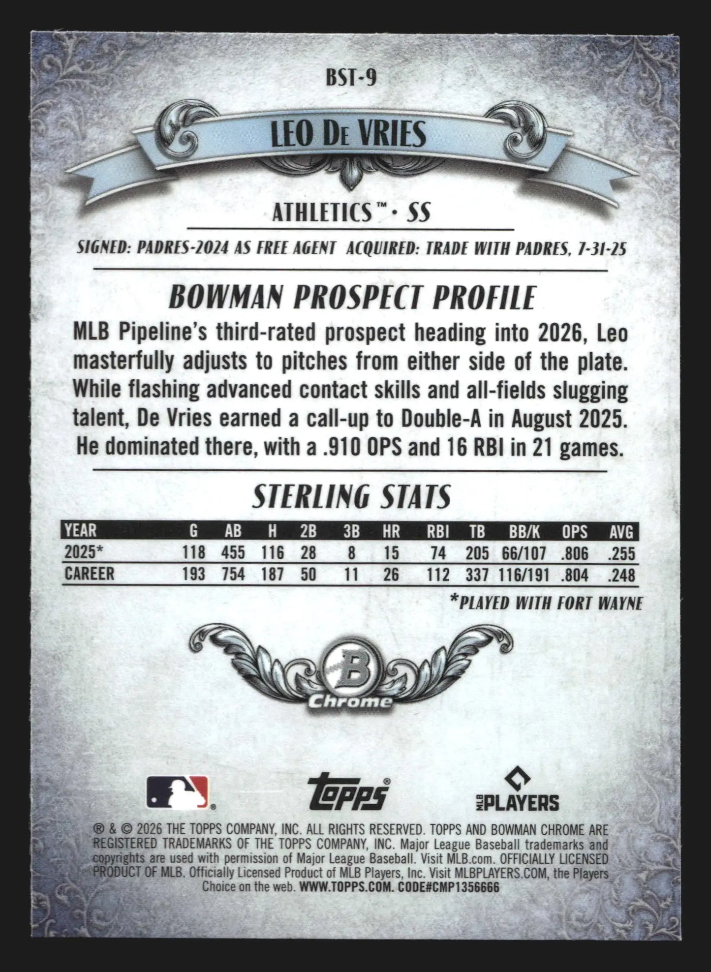 2026 Bowman Sterling Leo De Vries #BST-9 Mojo Refractor Athletics - Baseball Card Single