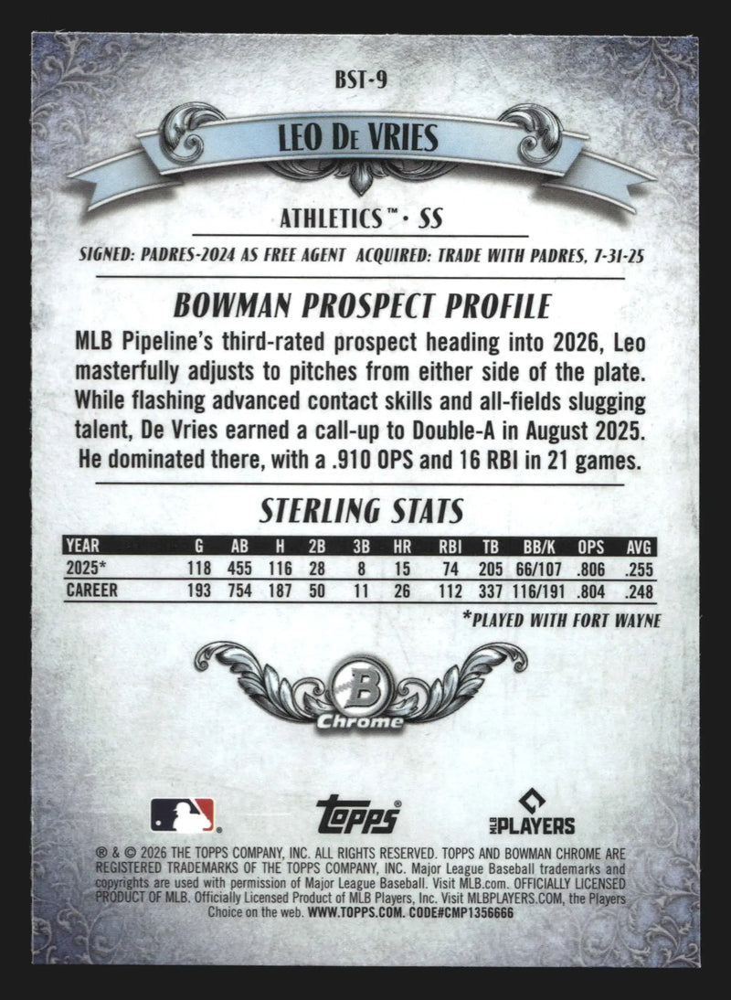 2026 Bowman Sterling Leo De Vries #BST-9 Mojo Refractor Athletics - Baseball Card Single