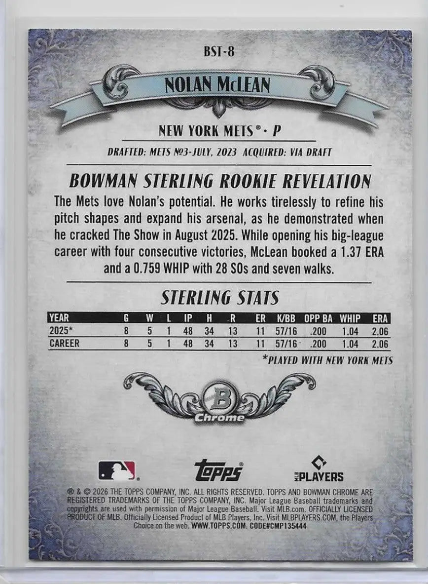 2026 Bowman Bowman Sterling Nolan McLean RC BST-8 1236 - Baseball Card Single