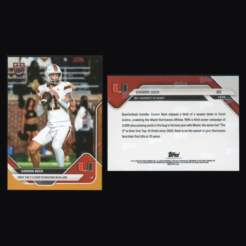 2026 Bowman U NOW #65 Carson Beck Miami Orange Foil /25 06/25