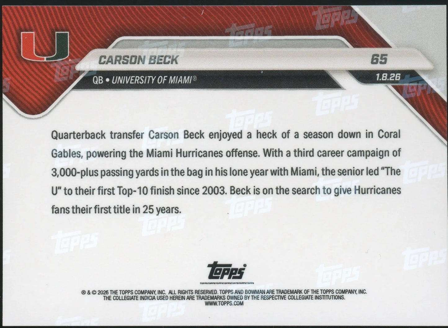 2026 Bowman U NOW #65 Carson Beck Miami Orange Foil /25 06/25