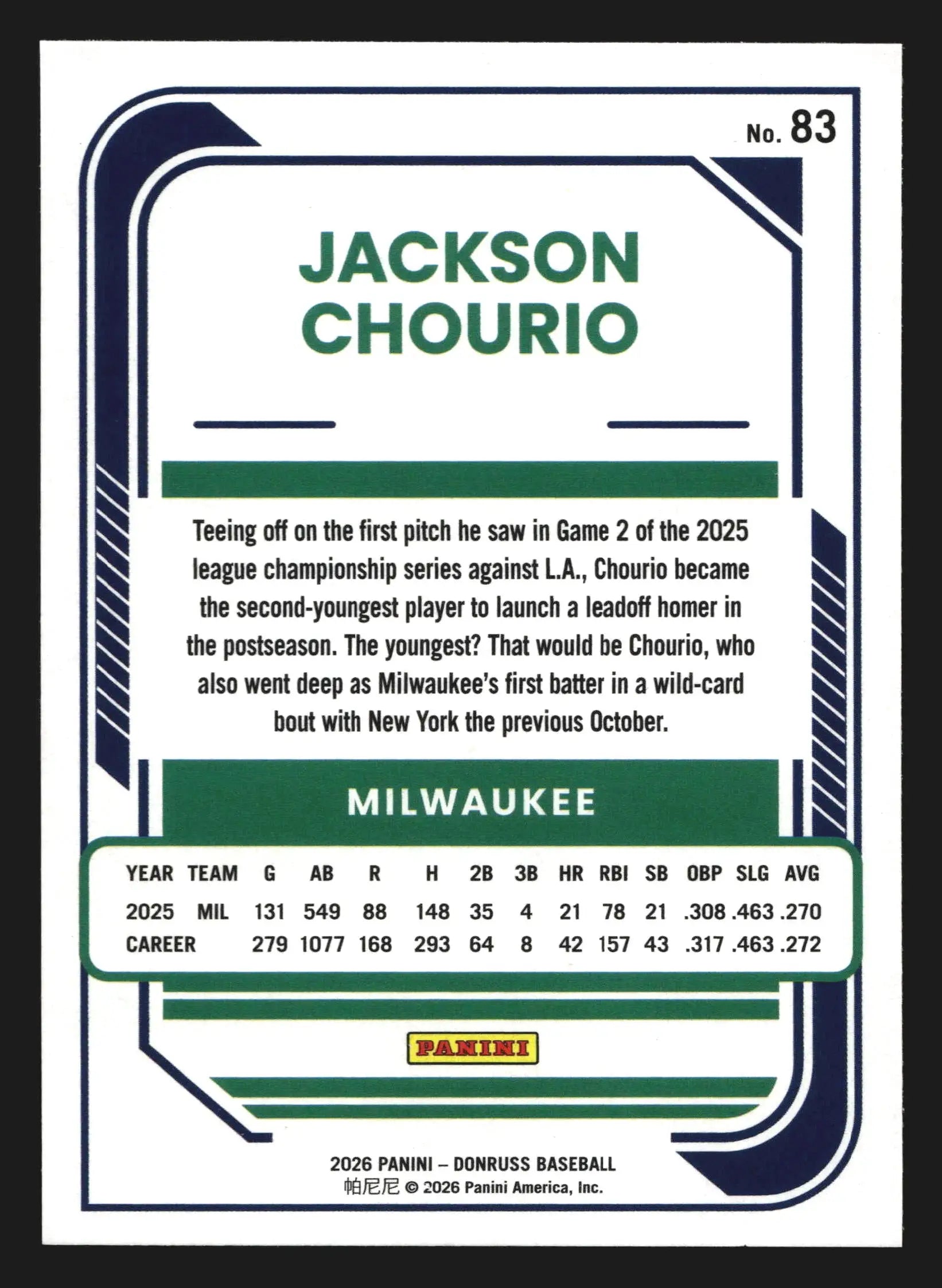 2026 Donruss #83 Jackson Chourio Milwaukee Brewers - Baseball Card Single