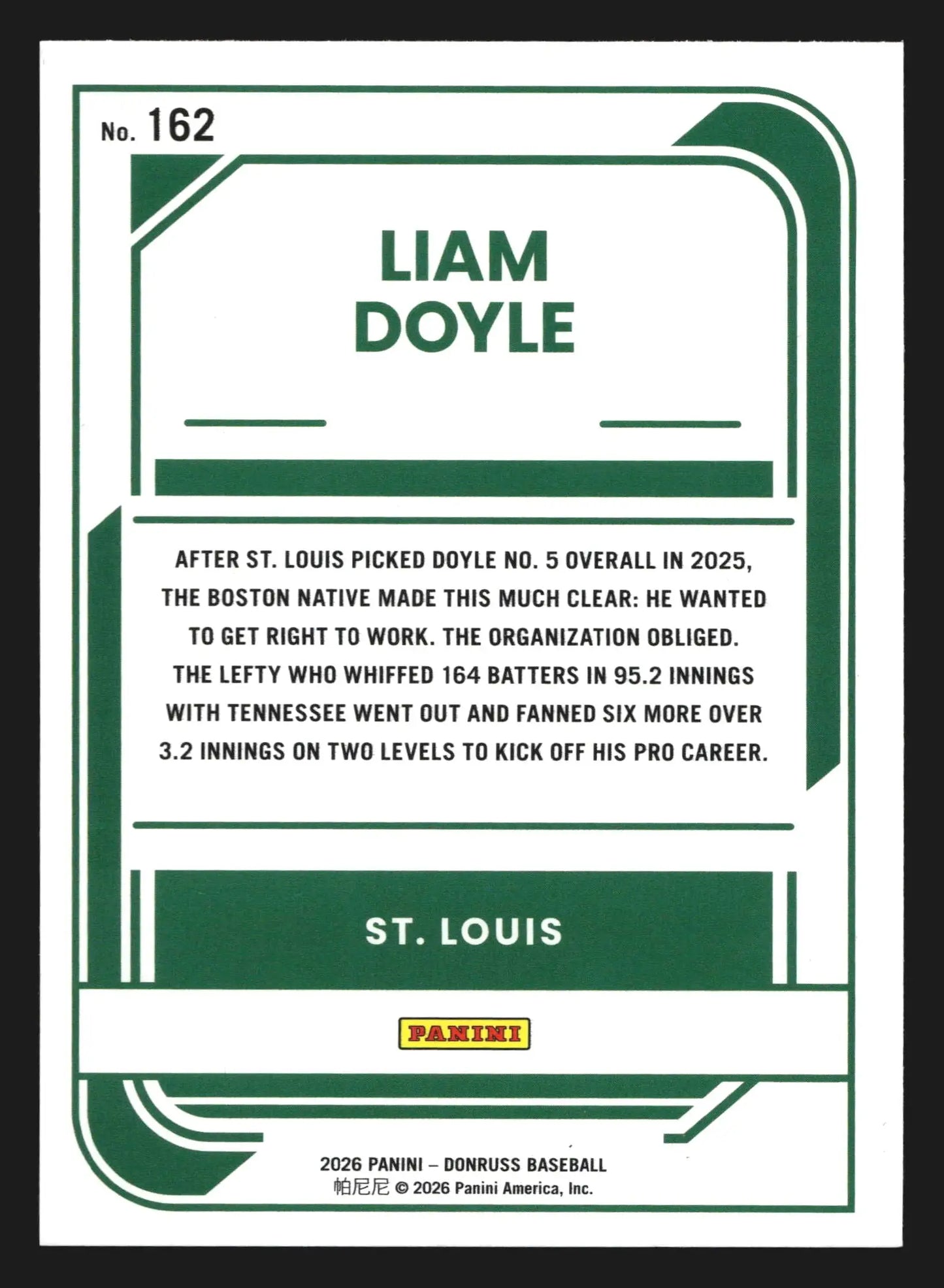 2026 Donruss Liam Doyle #162 Rated Prospect St. Louis Cardinals - Baseball Card Single