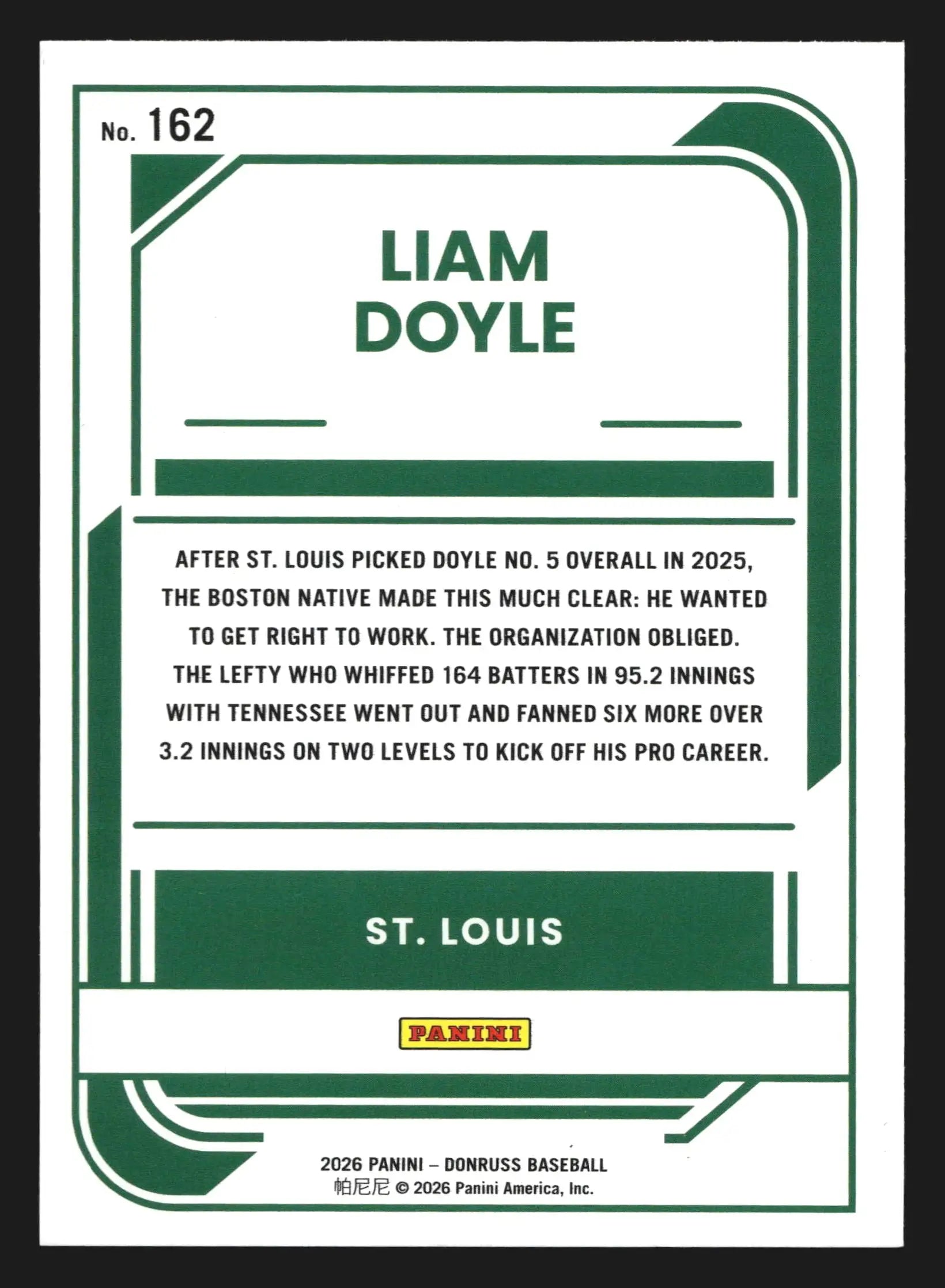 2026 Donruss Liam Doyle #162 Rated Prospect St. Louis Cardinals - Baseball Card Single