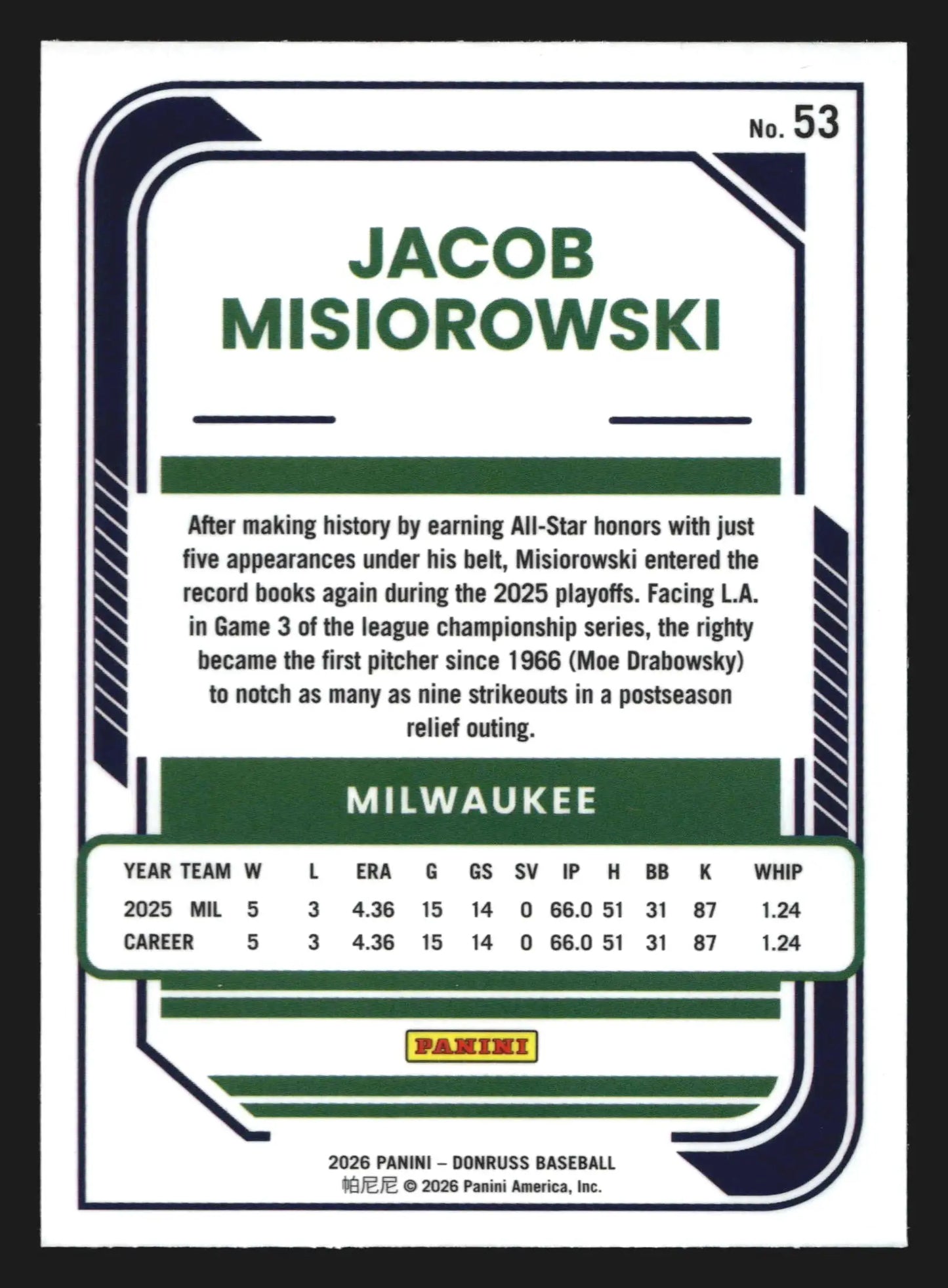 2026 Donruss Optic Jacob Misiorowski #53 RC Milwaukee Brewers - Baseball Card Single