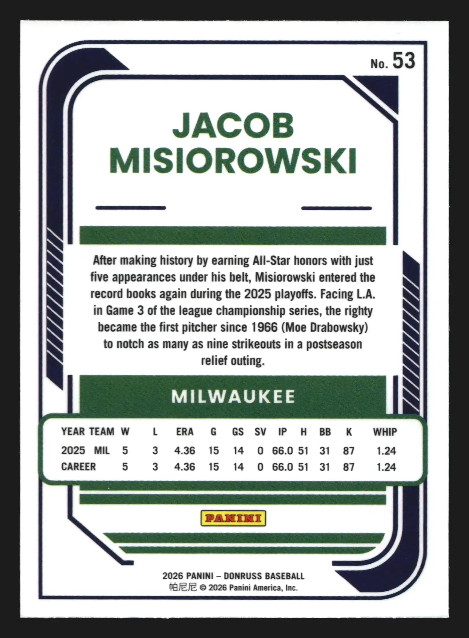 2026 Donruss Optic Jacob Misiorowski #53 RC Milwaukee Brewers - Baseball Card Single