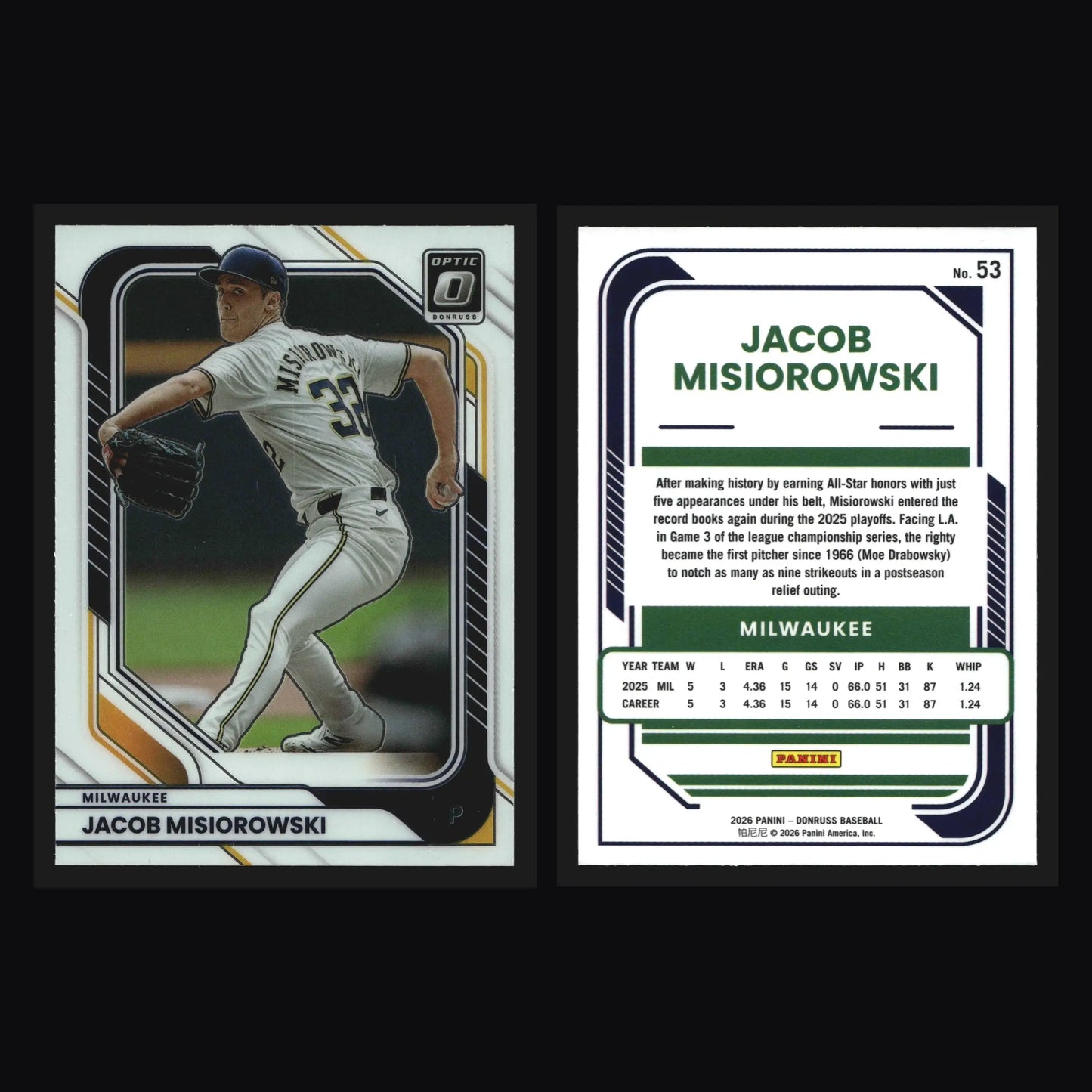 2026 Donruss Optic Jacob Misiorowski #53 RC Milwaukee Brewers - Baseball Card Single